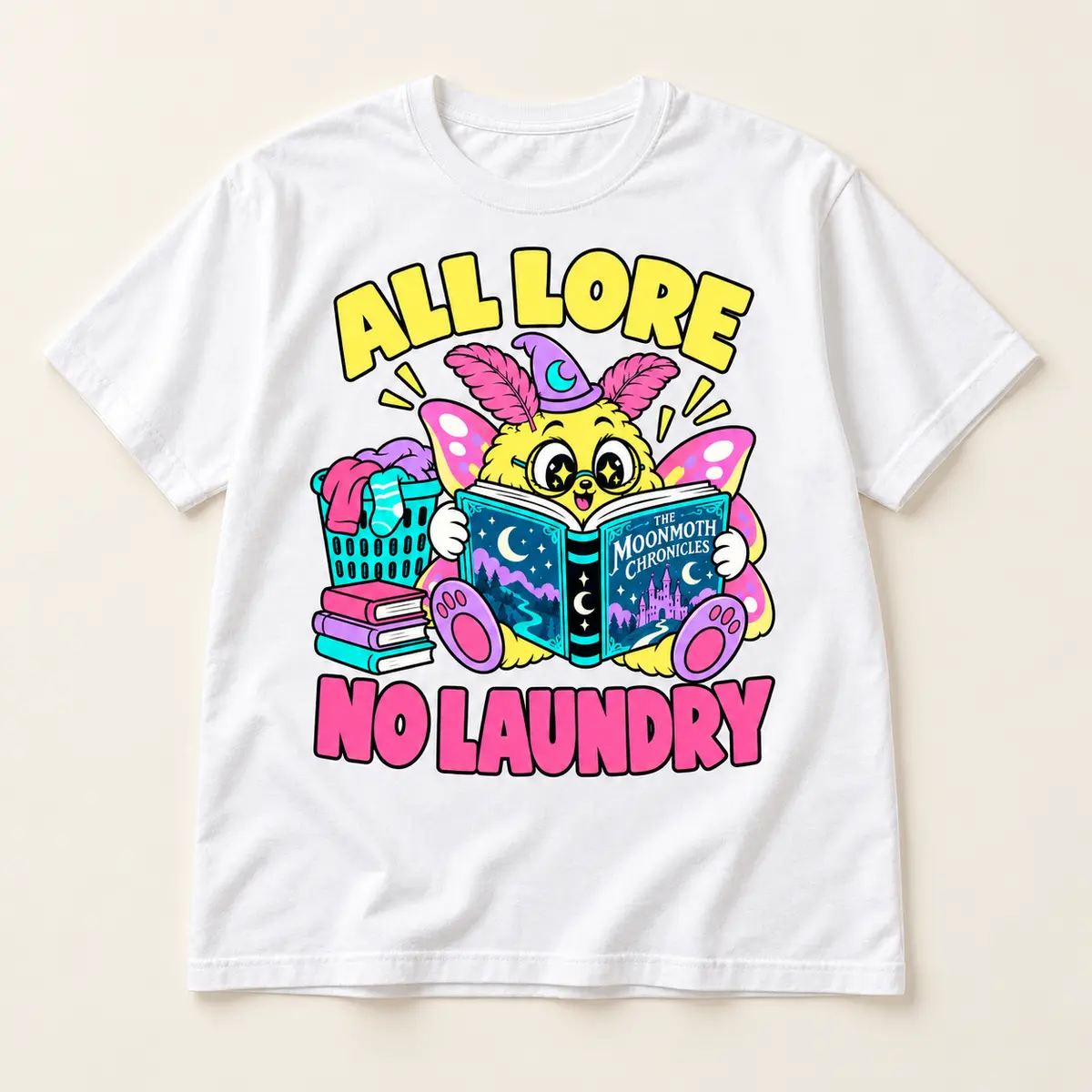 White t-shirt featuring the Little Liabilities All Lore, No Laundry cartoon design: ALL LORE; NO LAUNDRY